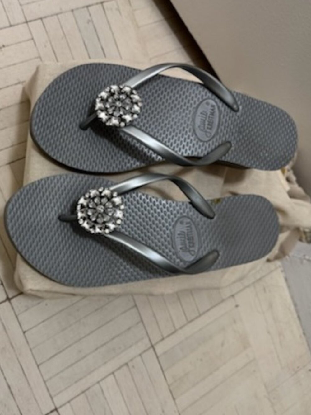 Jamie Kreitman Silver/Grey Wedge Rhinestone Embellished Flip Flops